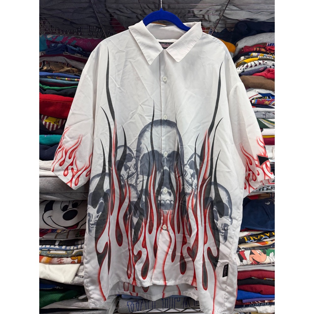 Sapphire Lounge Mens XXL Skull Flame Button Up Shirt White Red Y2K